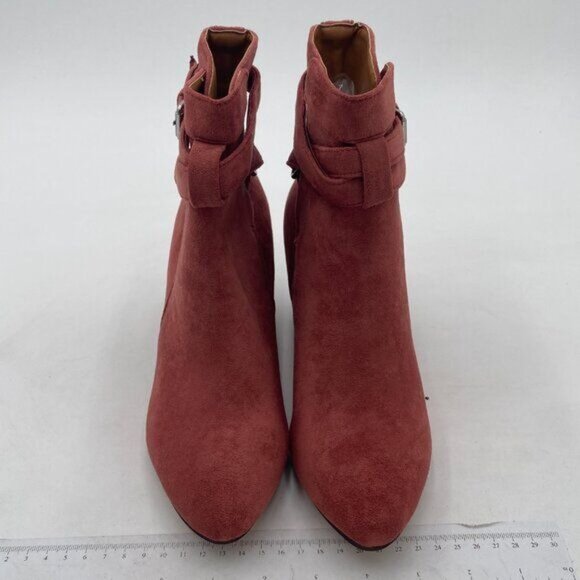 YDN Firebrick Block Low Heel Suede Cowgirl Boots Pull on Ankle Boot with Buckle - Picture 3 of 8